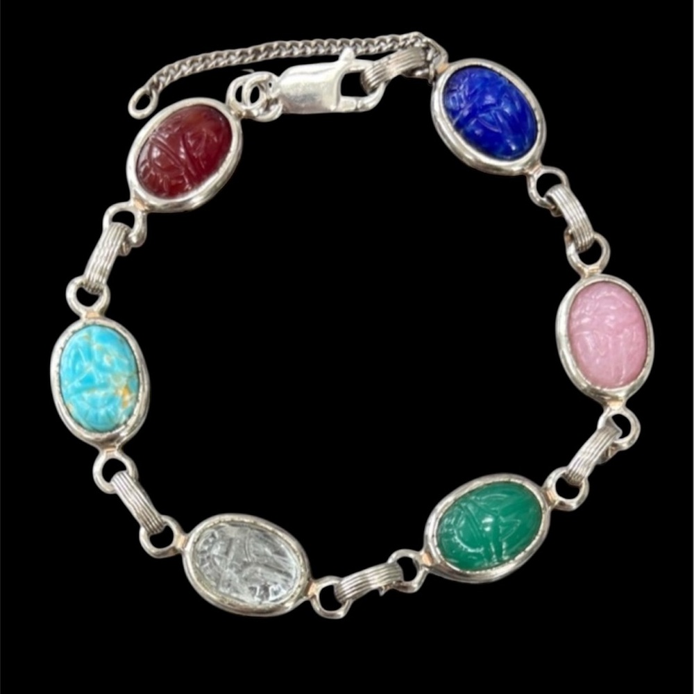 Vintage Scarab Bracelet Silver Retro Jewelry 60s MCM Carved Multicolor Stones - Picture 2 of 12